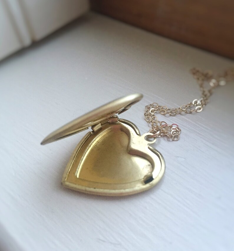 Gold Locket Heart Brass Pendant Antiqued Vintage 14k Gold Filled Chain Simple Boho Gift for Her