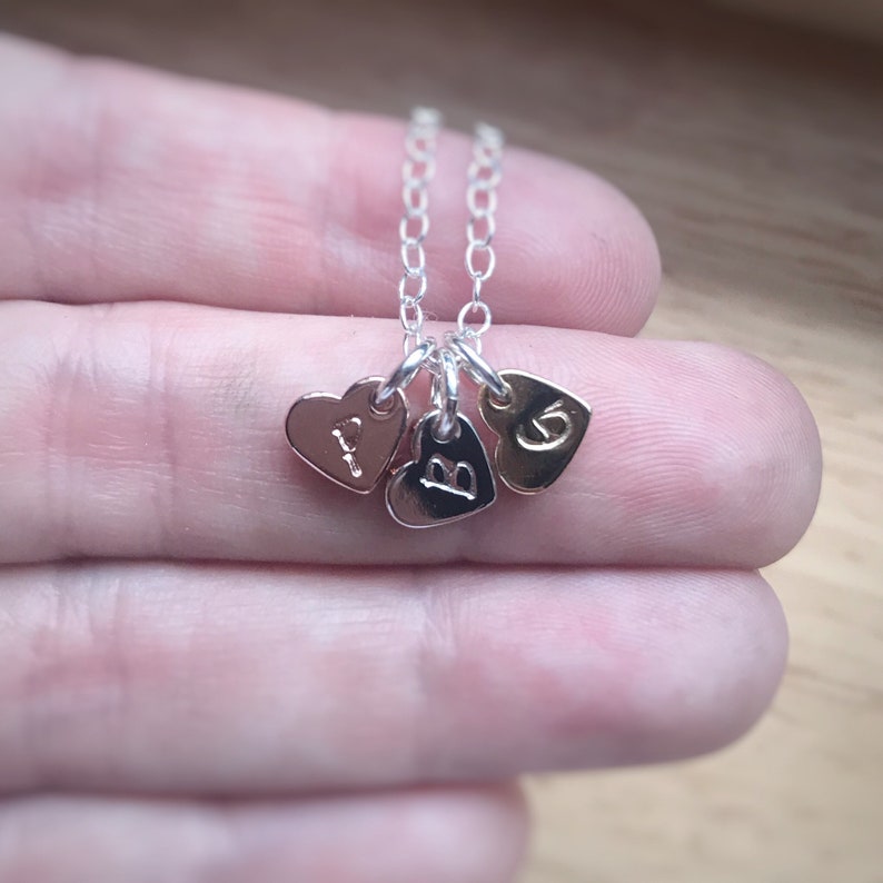 Heart Initial Necklace Tri Metal Rose Gold Silver Gold Tiny Heart Letter Mothers Necklace Personalized