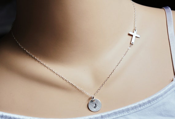 Side cross sterling silver delicate necklace hand stamped initial charm birthday anniversary friends gift Simple everyday necklace Alphabet
