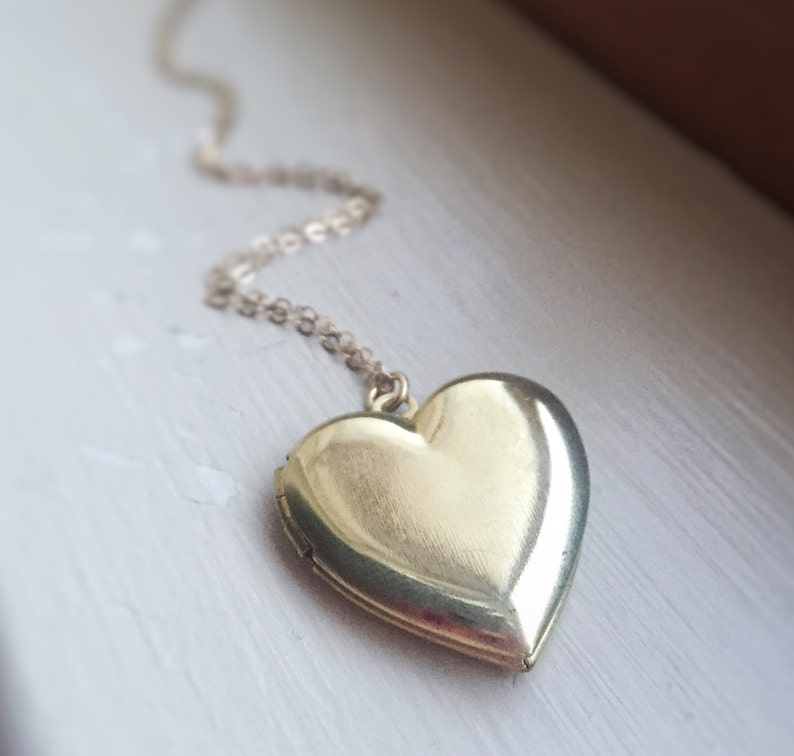 Gold Locket Heart Brass Pendant Antiqued Vintage 14k Gold Filled Chain Simple Boho Gift for Her