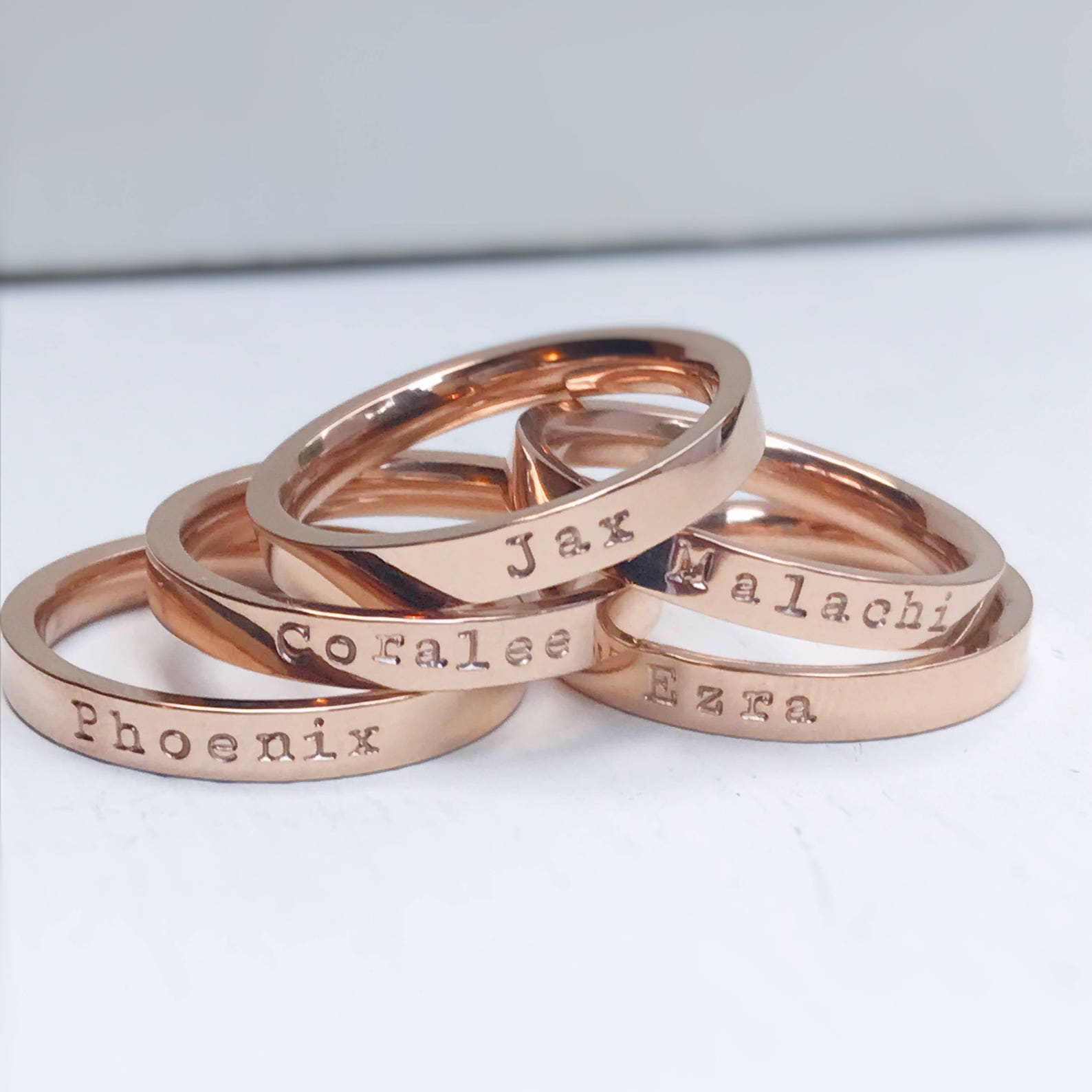 Rose Gold Stacking Rings Personalized Name Ring Band Stacker Etsy