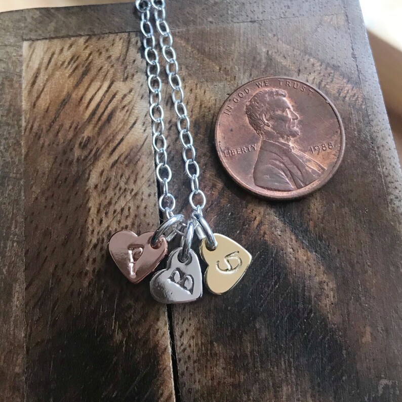 Heart Initial Necklace Tri Metal Rose Gold Silver Gold Tiny Heart Letter Mothers Necklace Personalized