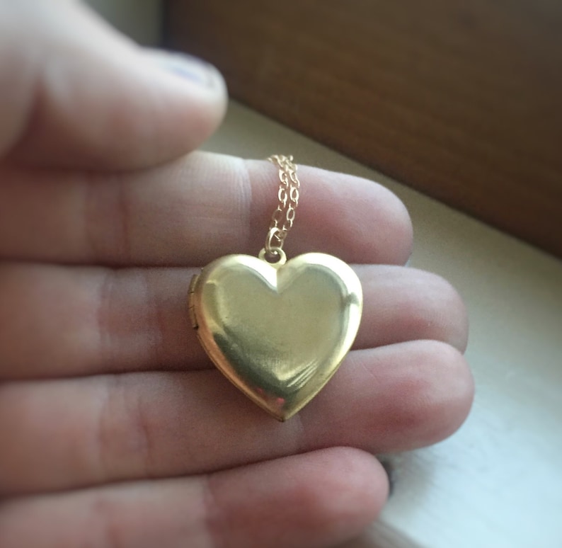 Gold Locket Heart Brass Pendant Antiqued Vintage 14k Gold Filled Chain Simple Boho Gift for Her