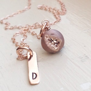 Rose Gold Initial Bar Necklace Druzy Agate Monogram Name Gift for Mom Teen Bridesmaid Bridal Personalized Unique Rose Gold Jewelry