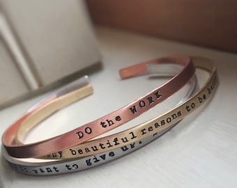Skinny Stacking Bracelet Cuff Inspirational Motivational Name Date Tri Metal Silver Gold Copper Personalized Hand Stamped Bangle