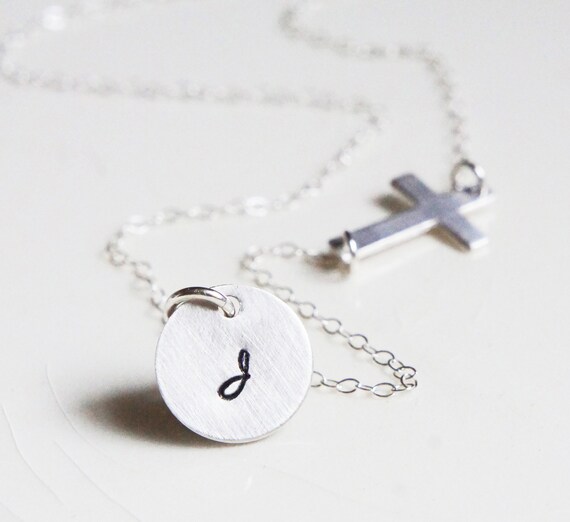 Side cross sterling silver delicate necklace hand stamped initial charm birthday anniversary friends gift Simple everyday necklace Alphabet