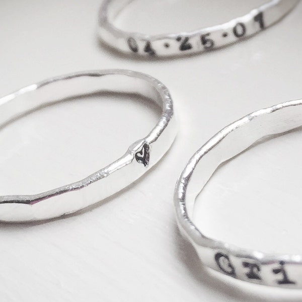 Stackable Rings Skinny Thin Sterling Silver Personalized Name Date Stacking Rings Hammered Rustic Stacker Jewelry