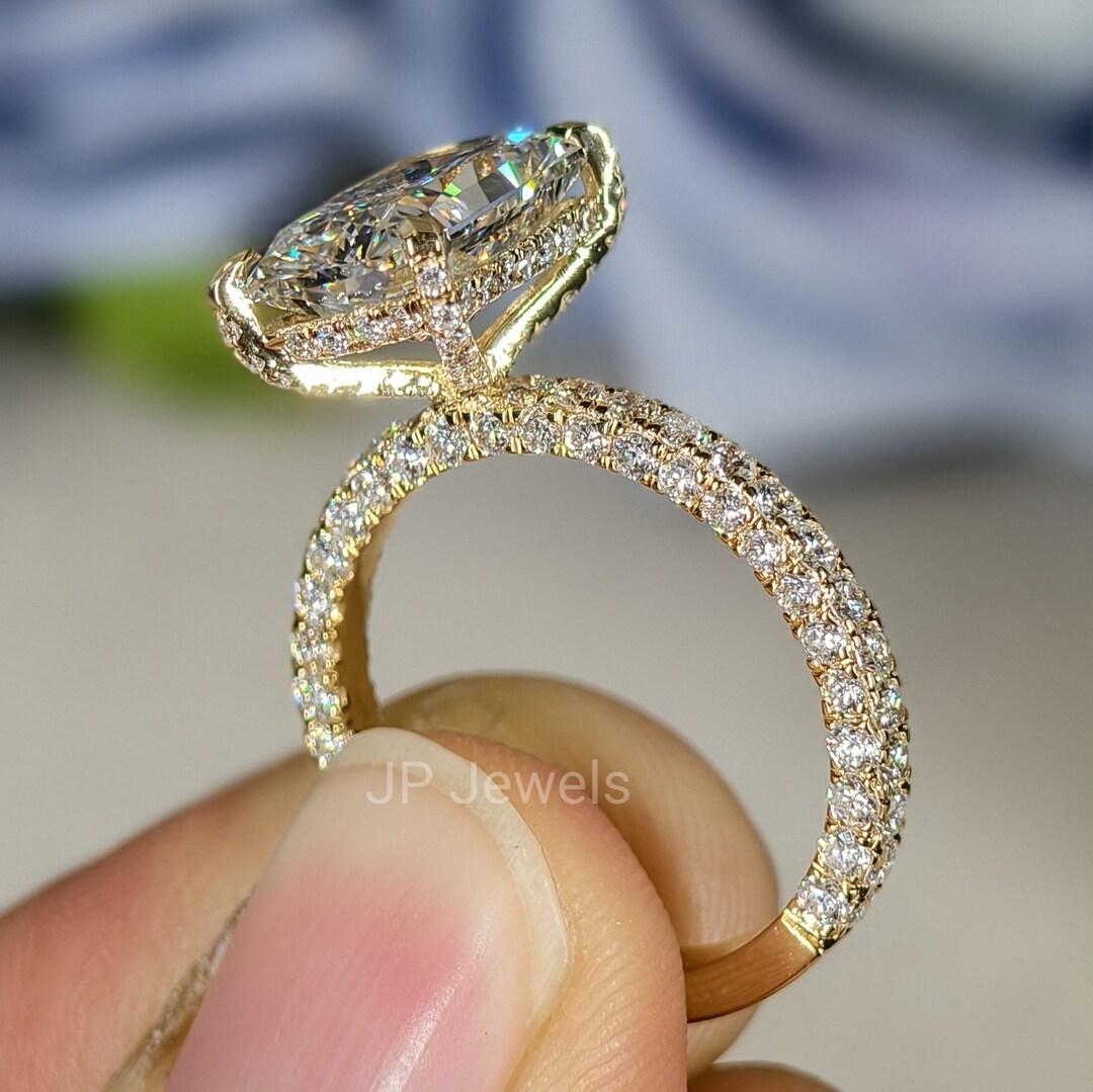 Radiant Cut Moissanite Engagement Ring With Hidden Halo & Pave Band ...