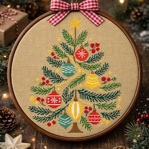 May include: A cross-stitch Christmas tree design in a wooden embroidery hoop. The tree is decorated with ornaments in red, green, and yellow. A red and white checkered bow adorns the top. The background is a neutral tan fabric.