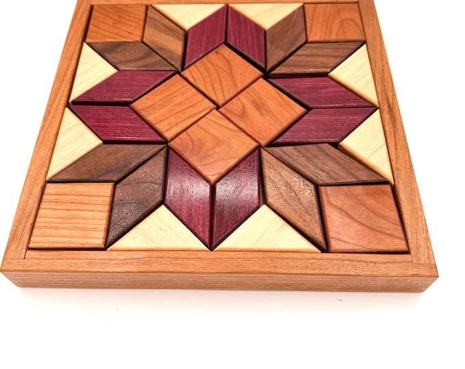 Handcrafted Wooden Mosaic Puzzle Board – Cherry Maple Purpleheart Walnut Geometric Puzzle, Heirloom Wood Gift