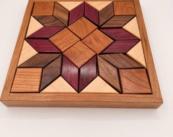 Handcrafted Wooden Mosaic Puzzle Board – Cherry Maple Purpleheart Walnut Geometric Puzzle, Heirloom Wood Gift