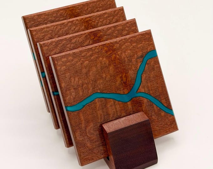 River Carved Leopardwood Coasters (Set of 4) • Hand-Etched Resin River • Display Stand Included