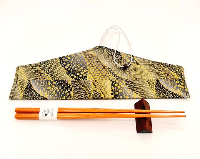 Handcrafted Cherry Chopsticks with Walnut Rest – Personalization and Fabric Travel Case Included