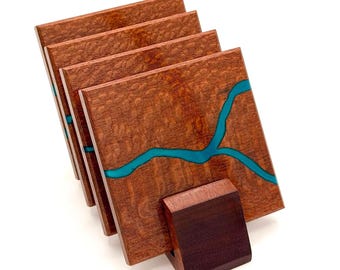 River Carved Leopardwood Coasters (Set of 4) • Hand-Etched Resin River • Display Stand Included