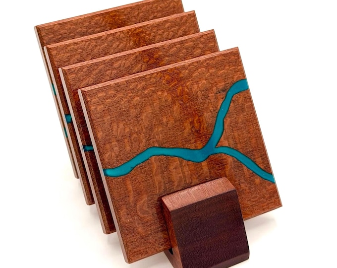 River Carved Leopardwood Coasters (Set of 4) • Hand-Etched Resin River • Display Stand Included