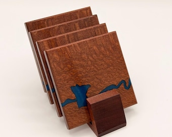 Leopardwood River Coasters – Minnesota-Inspired Lake Design (Set of 4) • Hand-Etched Resin • Stand Included