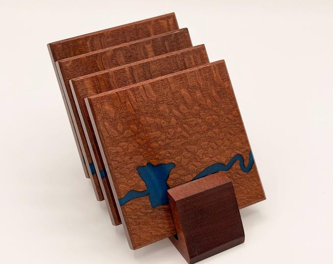 Leopardwood River Coasters – Minnesota-Inspired Lake Design (Set of 4) • Hand-Etched Resin • Stand Included