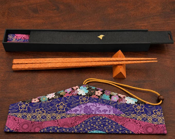 Mahagany Handcrafted Japanese Style Chopsticks with Wooden Rest, Fabric Travel Case and Gift Box