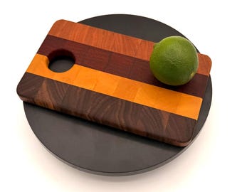 Handcrafted End Grain Cutting Board – Cherry, Walnut, Padauk, Yellowheart – Reversible Hardwood Board
