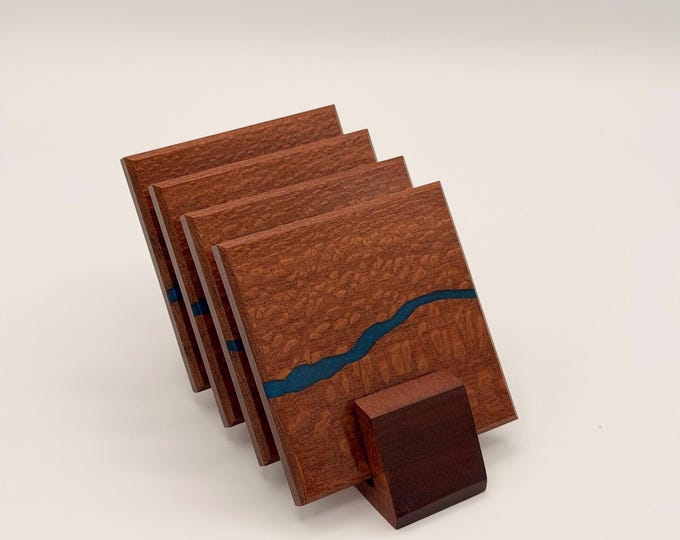 River Carved Leopardwood Coasters (Set of 4) • Hand-Etched Resin River • Display Stand Included