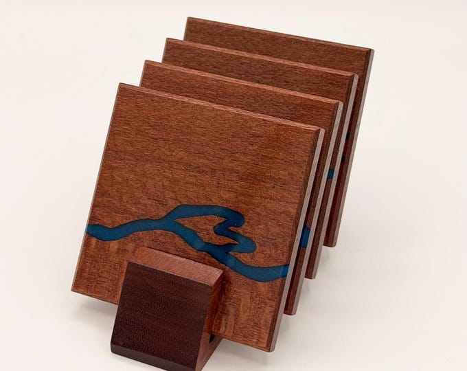 River Carved Leopardwood Coasters (Set of 4) • Hand-Etched Resin River • Display Stand Included