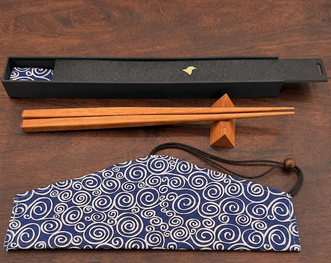 Cherry Handcrafted Japanese Style Chopsticks with Wooden Rest, Fabric Travel Case and Gift Box