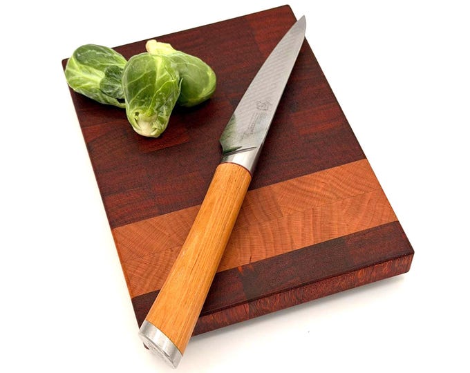 Handcrafted End Grain Cutting Board – Cherry and Padauk – Hardwood Board with Rubber Feet