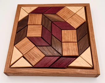 Handcrafted Wooden Mosaic Puzzle Board – Cherry Maple Purpleheart Walnut Geometric Puzzle, Heirloom Wood Gift