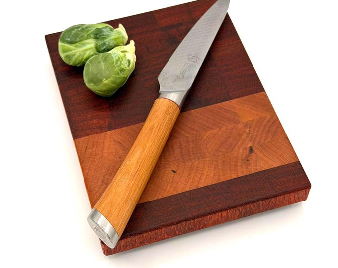 Handcrafted End Grain Cutting Board – Cherry and Padauk – Hardwood Board with Rubber Feet