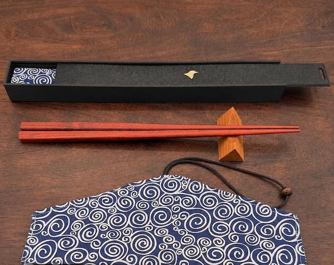 Padauk Handcrafted Japanese Style Chopsticks with Wooden Rest, Fabric Travel Case and Gift Box