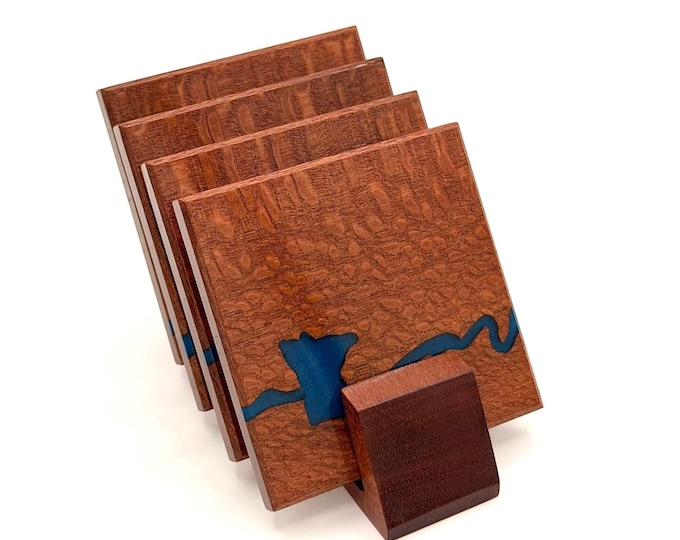 Leopardwood River Coasters – Minnesota-Inspired Lake Design (Set of 4) • Hand-Etched Resin • Stand Included