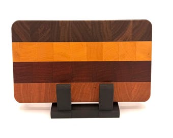 Handcrafted End Grain Cutting Board – Cherry, Walnut, Padauk, Yellowheart – Hardwood Board with Rubber Feet