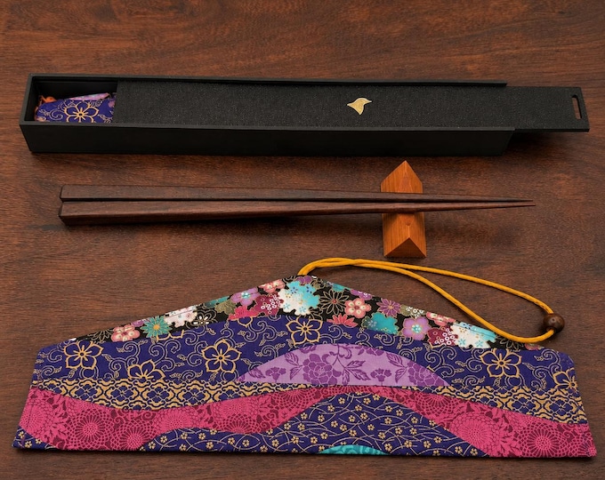 Brazilian Walnut Handcrafted Japanese Style Chopsticks with Wooden Rest, Fabric Travel Case and Gift Box