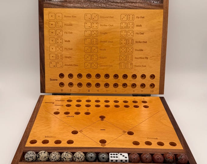 Handcrafted Wooden Baseball Dice Game – Walnut & Yellowheart Heirloom Board for Baseball Fans
