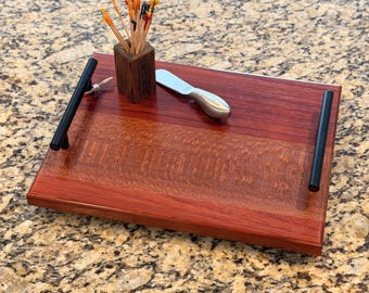 Leopardwood & Padauk Charcuterie Board with Black Steel Handles