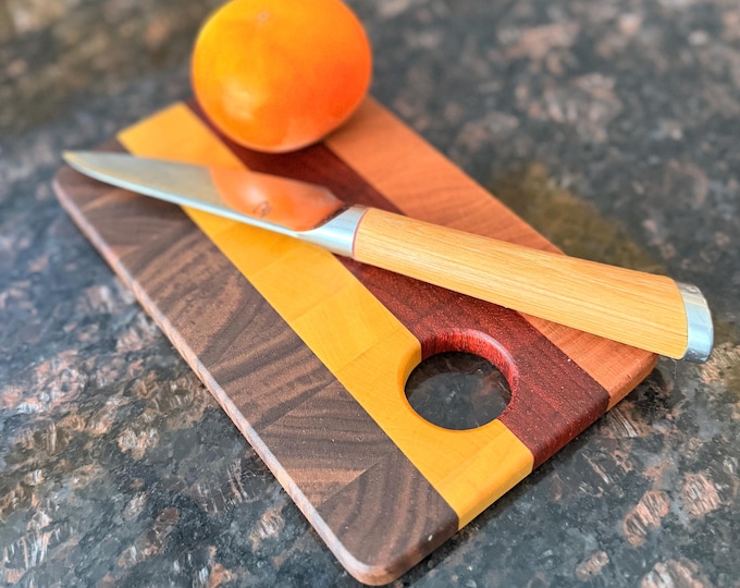 Handcrafted End Grain Cheese Board – Cherry, Padauk, Yellowheart & Walnut | Reversible Bar Board Gift