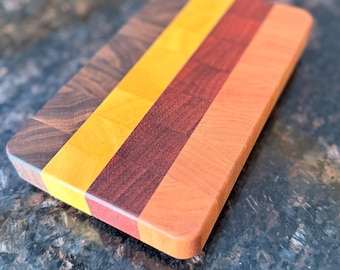 Handcrafted End Grain Cheese Board – Cherry Padauk Yellowheart Walnut