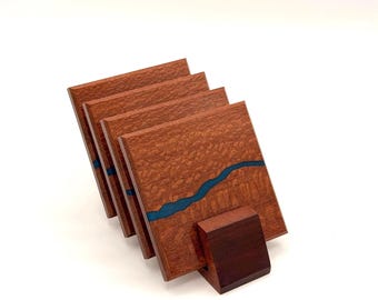 River Carved Leopardwood Coasters (Set of 4) • Hand-Etched Resin River • Display Stand Included