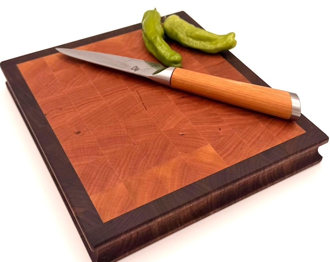Handcrafted Walnut & Cherry End Grain Cutting Board – Reversible Hardwood Board