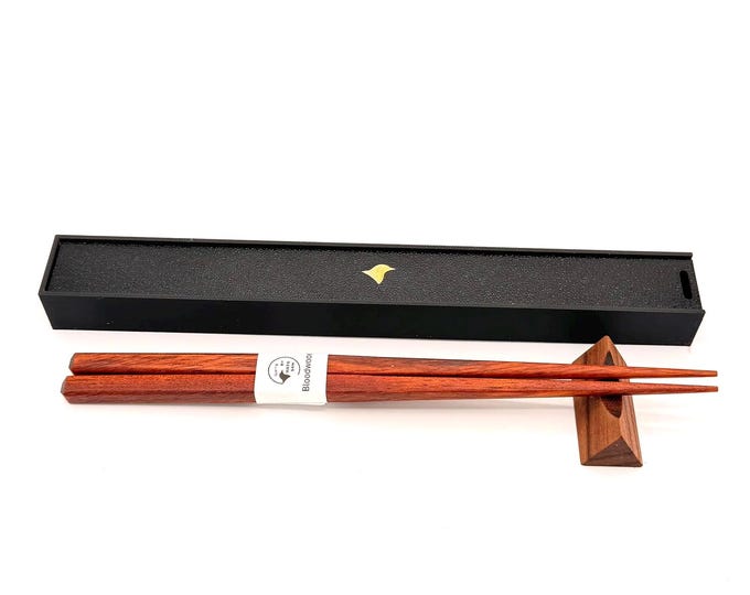 Handcrafted Bloodwood Chopsticks with Walnut Rest – Personalization and Gift Box Included