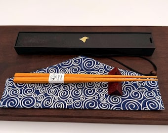 Orange Osage Chopsticks Set with Padauk Rest – Fabric Travel Case and Gift Box Included