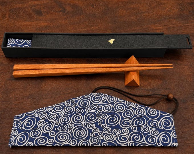 Orange Asage Handcrafted Japanese Style Chopsticks with Wooden Rest, Fabric Travel Case and Gift Box