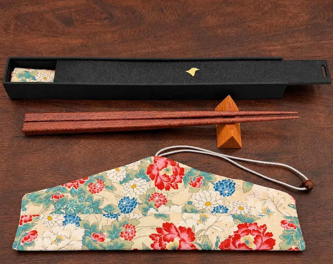 Leopardwood Handcrafted Japanese Style Chopsticks with Wooden Rest, Fabric Travel Case and Gift Box