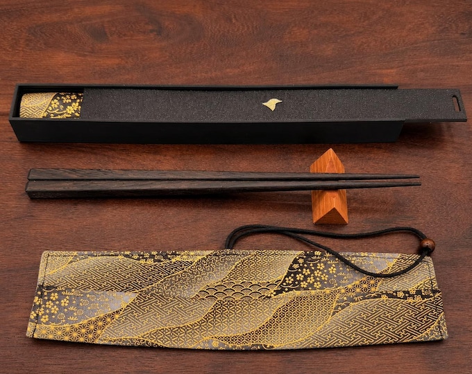 Wenge Handcrafted Japanese Style Chopsticks with Wooden Rest, Fabric Travel Case and Gift Box