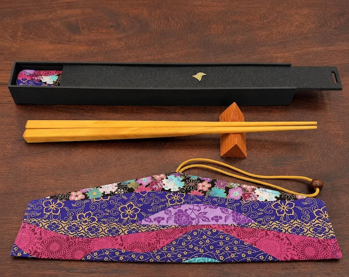 Yellowheart Handcrafted Japanese Style Chopsticks with Wooden Rest, Fabric Travel Case and Gift Box