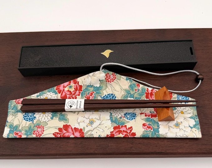 Brazilian Walnut Chopsticks Set with Cherry Rest – Fabric Travel Case and Gift Box Included