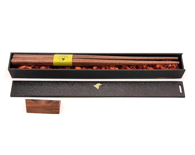 Handcrafted Walnut Chopsticks with Walnut Rest – Personalization and Gift Box Included