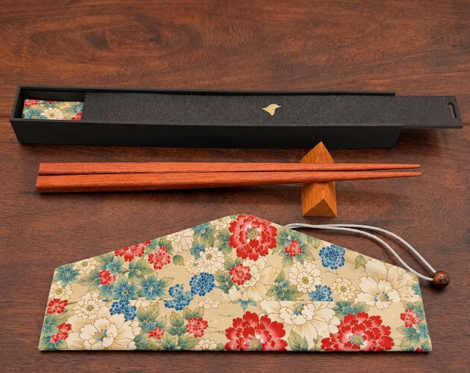 Bloodwood Handcrafted Japanese Style Chopsticks with Wooden Rest, Fabric Travel Case and Gift Box