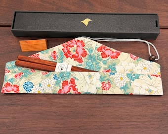 Handmade Bloodwood Chopsticks Set with Wooden Rest – Personalization and Fabric Travel Case Included