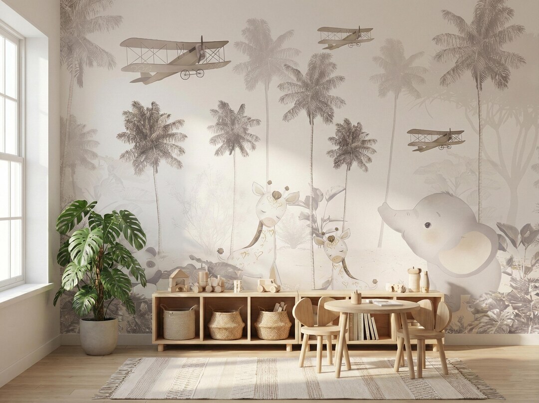 Neutral Safari Nursery Wallpaper - Jungle Animals & Airplanes, Peel and ...